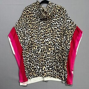 Chicos Poncho Leopard Animal Print Colorblock Cowl Neck Brown Pink Womens L/XL